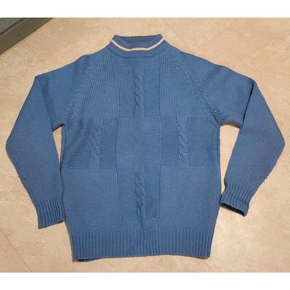 VTG 70s 80s Matt Andrews Blue‎ Cable Knit 100% Virgin Wool Size M Medium